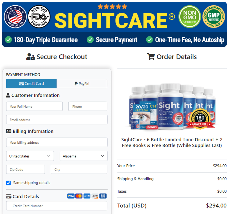 Sight Care Order Page